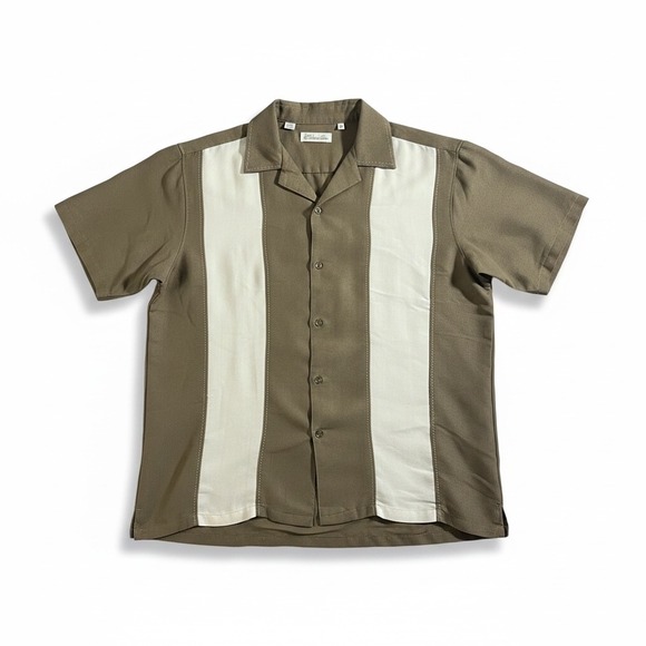 Milano Bay Other - Milano Bay Mens XL Bowling Shirt Olive Green Cream Vertical Stripe Rayon Blend